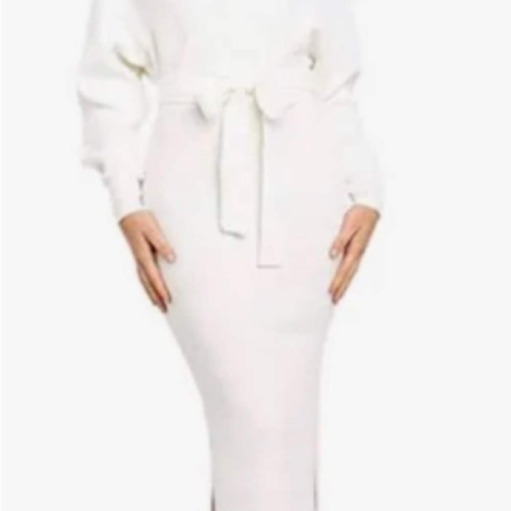 White v-neck knit, sweater knit dress